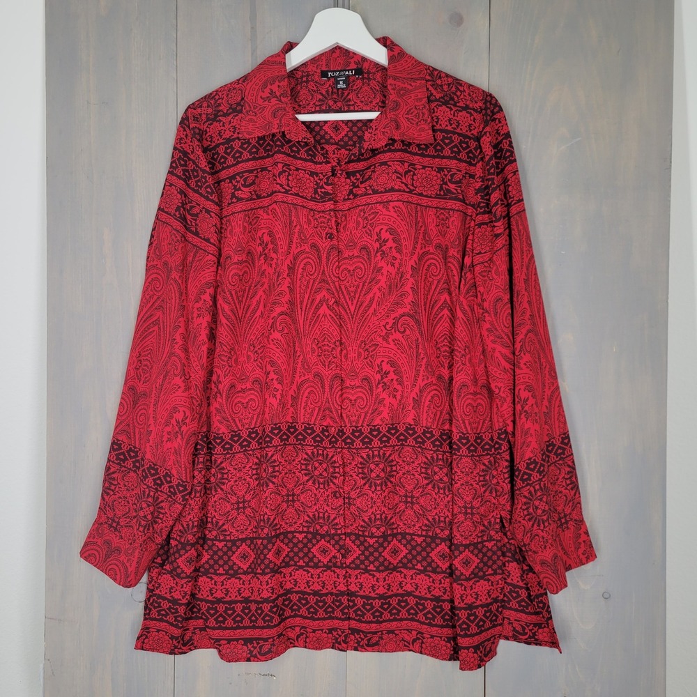 Roz & Ali Button Up Tunic Women 1X Red Black Paisley Medallion Long Sleeve Top